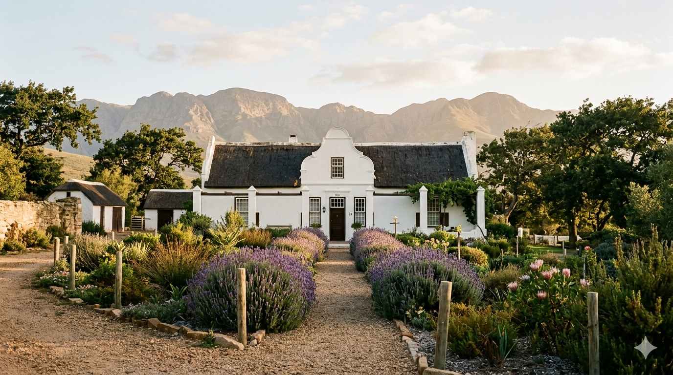 Bergvlei guest farm — a Cape Dutch homestead at golden hour, lavender path leading to the entrance, Overberg mountains behind