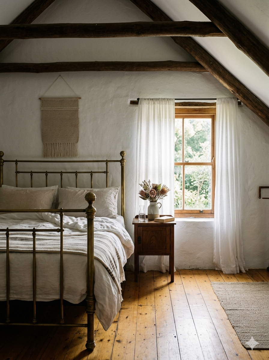 The Loft at Bergvlei — brass bedframe, exposed wooden beams, morning light through a sash window