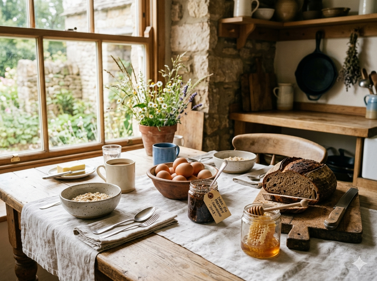 Farm breakfast at Bergvlei — eggs, fig preserve, sourdough, raw honey on a worn wooden table