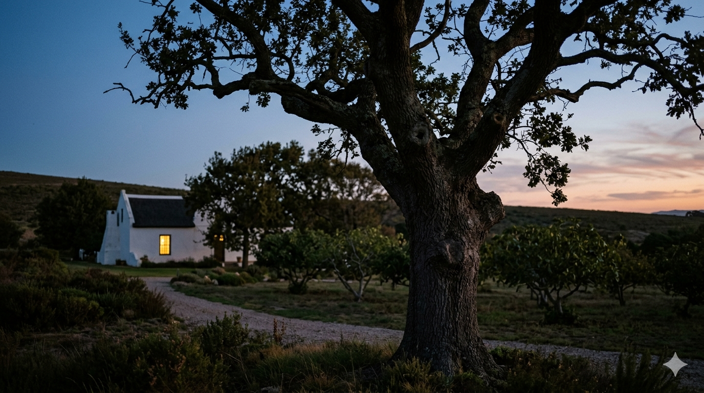 Bergvlei farm grounds at dusk — old oak tree silhouetted, single lit window glowing from the farmhouse