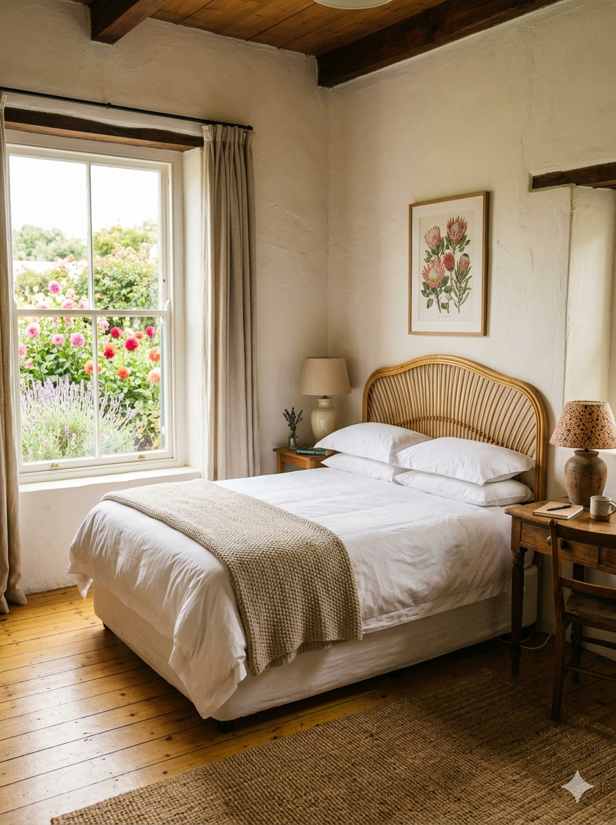 The Garden Room at Bergvlei — rattan headboard, white cotton bedding, sash window overlooking the cottage garden