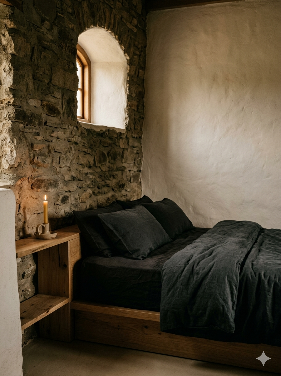 The Stone Room at Bergvlei — exposed stone wall, low platform bed with dark linen, arched window