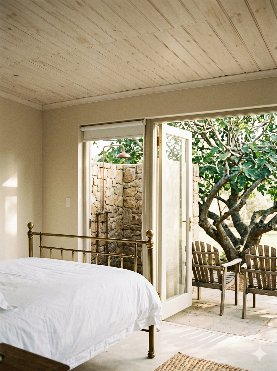 The Orchard Cottage at Bergvlei — brass bed, open glass door to a private stoep, fig tree beyond
