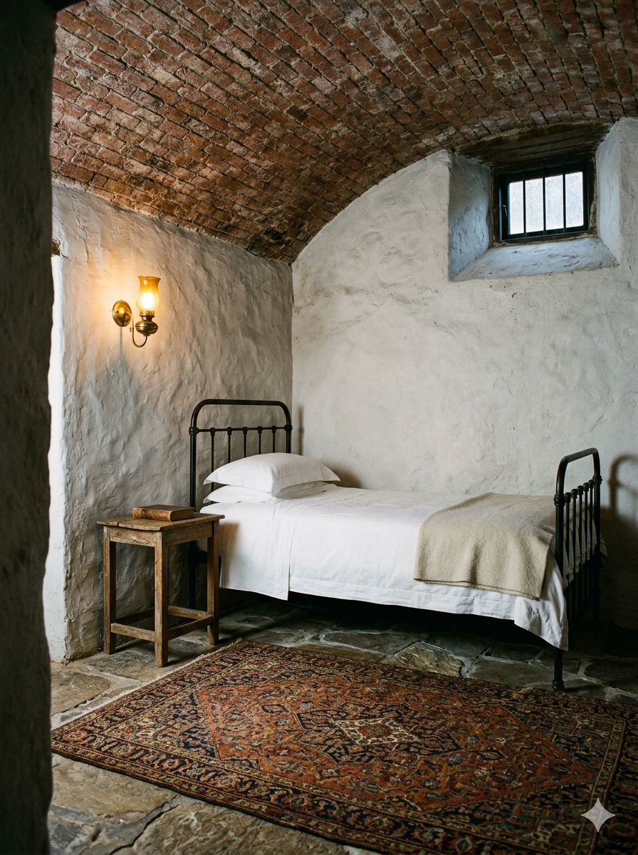 The Cellar Room at Bergvlei — vaulted brick ceiling, wrought iron bed, Persian rug on stone floors