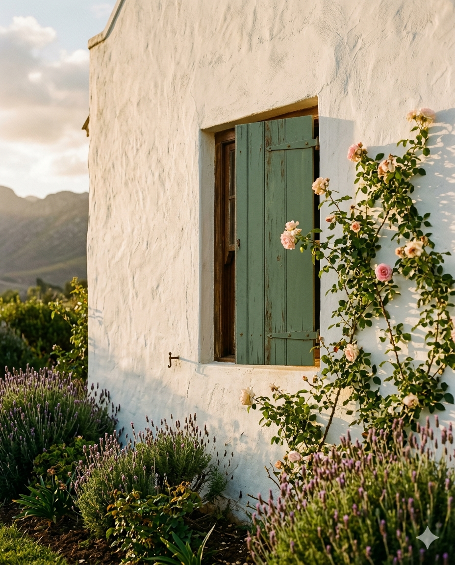 Bergvlei farmhouse wall detail — whitewashed plaster, sage green shutter, climbing rose, golden hour light